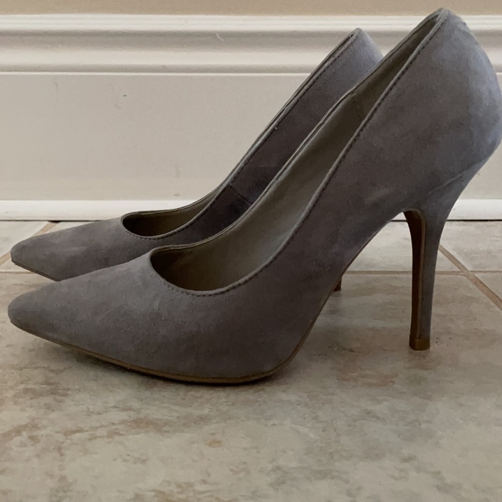Faux suede point toe heels.